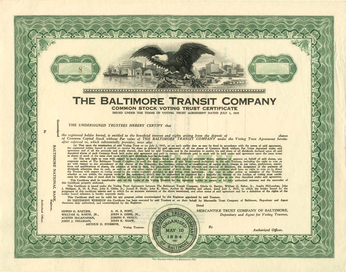 Baltimore Transit Co. - Railroad Stock Certificate